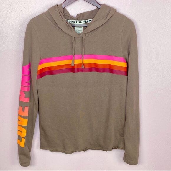 Pink by Victorias Secret Retro Stripe Hooded Sweatshirt Taupe Brown Small - Picture 6 of 10